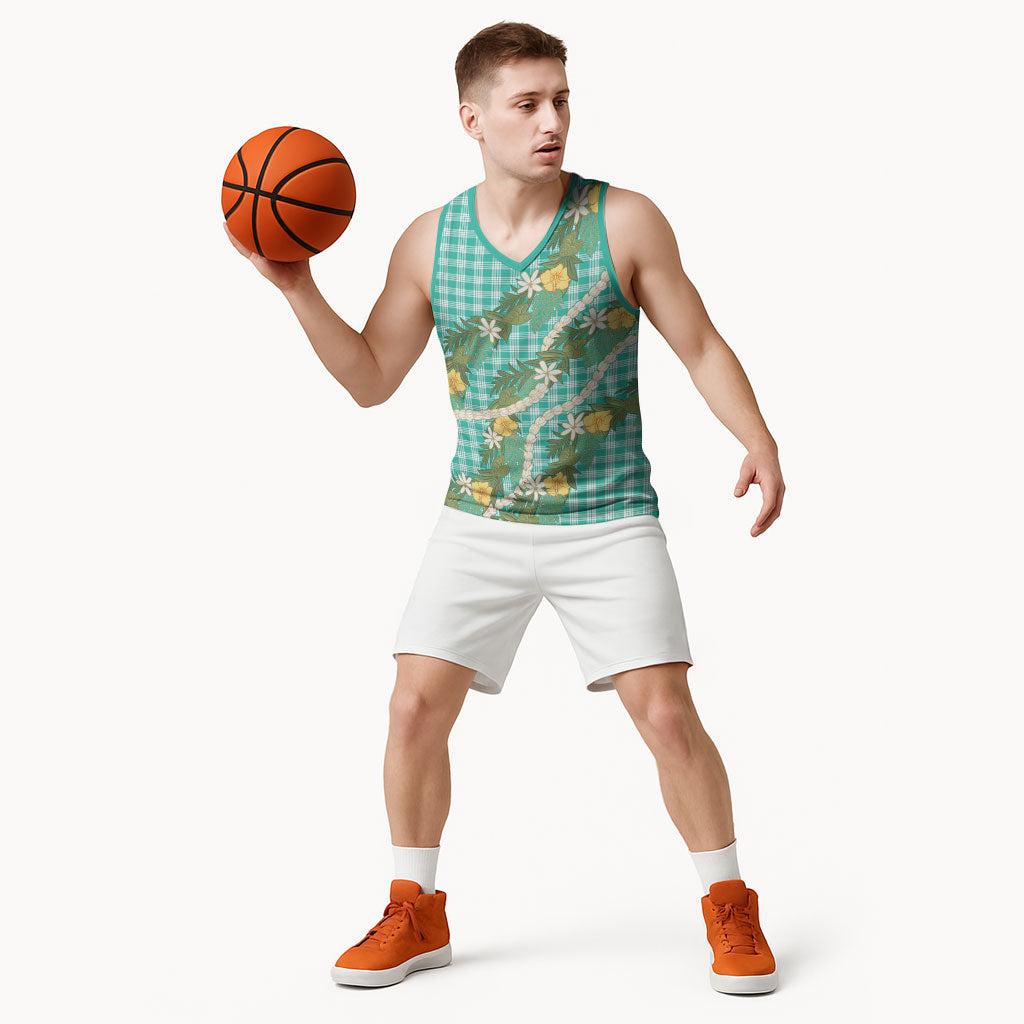 Aloha Puakenikeni Anthurium Pikake Lei Basketball Jersey Marine Hawaiian Palaka Pattern