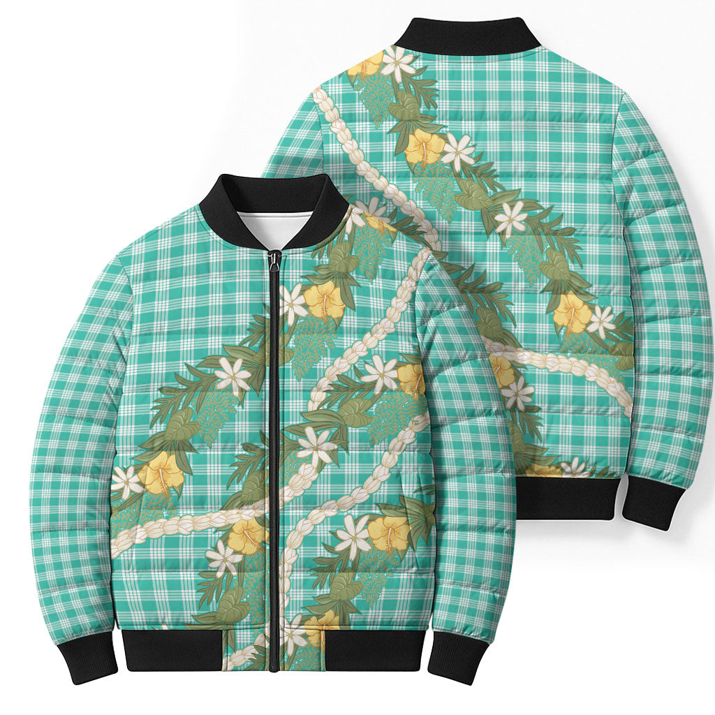 Aloha Puakenikeni Anthurium Pikake Lei Bomber Puffer Jacket Marine Hawaiian Palaka Pattern LT9 - Polynesian Pride