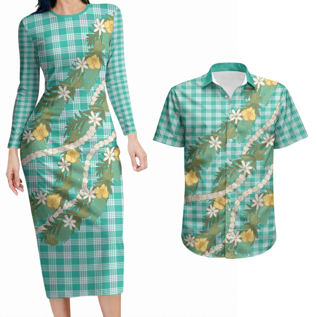 Aloha Puakenikeni Anthurium Pikake Lei Couples Matching Long Sleeve Bodycon Dress and Hawaiian Shirt Marine Hawaiian Palaka Pattern LT9 Marine - Polynesian Pride