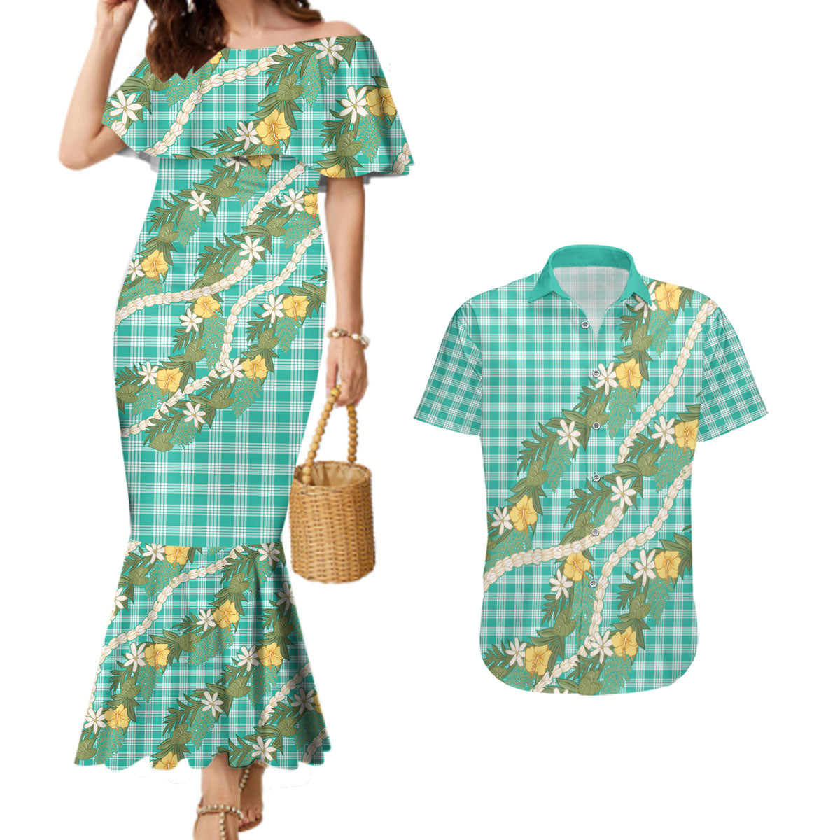 Aloha Puakenikeni Anthurium Pikake Lei Couples Matching Mermaid Dress and Hawaiian Shirt Marine Hawaiian Palaka Pattern