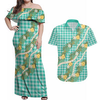 Aloha Puakenikeni Anthurium Pikake Lei Couples Matching Off Shoulder Maxi Dress and Hawaiian Shirt Marine Hawaiian Palaka Pattern