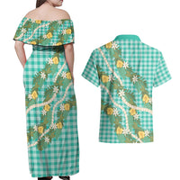Aloha Puakenikeni Anthurium Pikake Lei Couples Matching Off Shoulder Maxi Dress and Hawaiian Shirt Marine Hawaiian Palaka Pattern