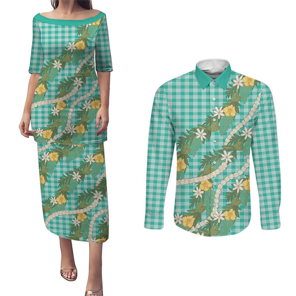 Aloha Puakenikeni Anthurium Pikake Lei Couples Matching Puletasi and Long Sleeve Button Shirt Marine Hawaiian Palaka Pattern LT9 Marine - Polynesian Pride