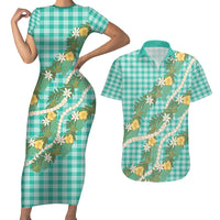 Aloha Puakenikeni Anthurium Pikake Lei Couples Matching Short Sleeve Bodycon Dress and Hawaiian Shirt Marine Hawaiian Palaka Pattern