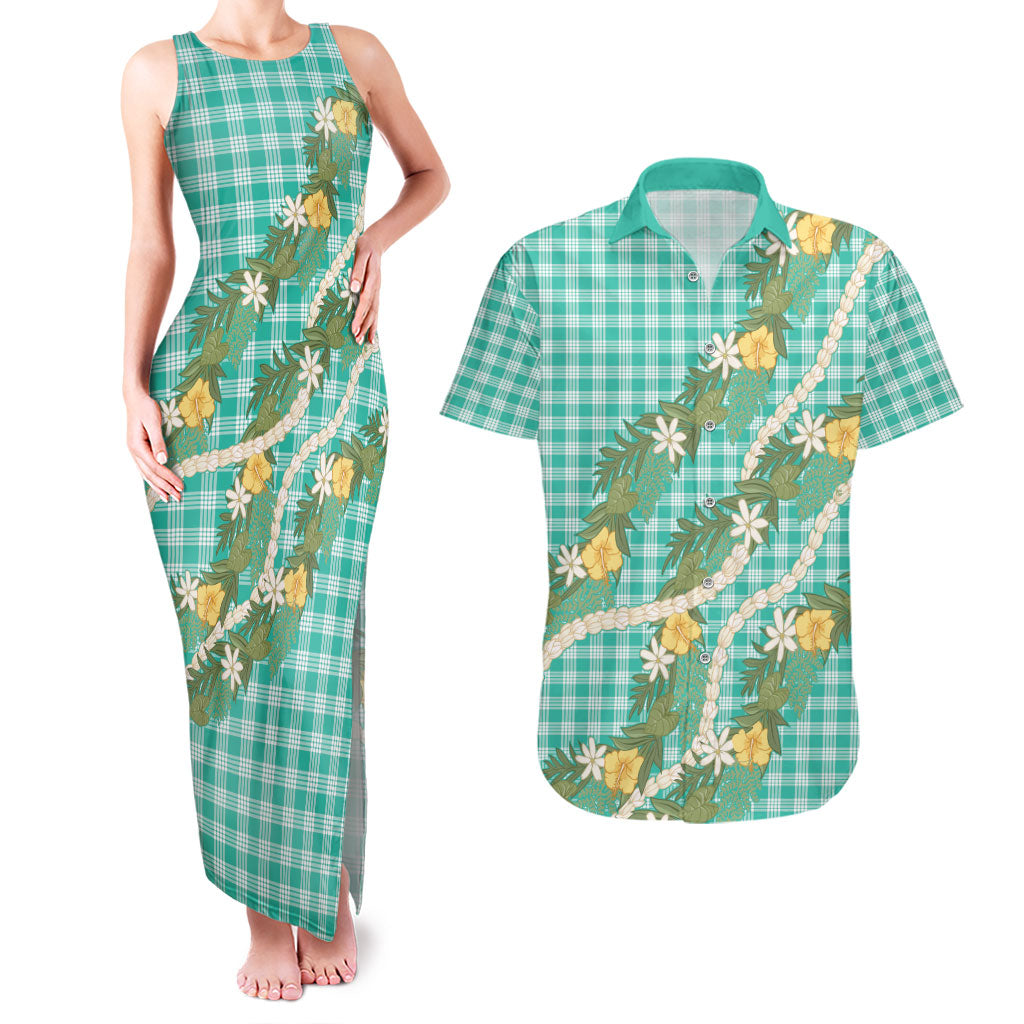 Aloha Puakenikeni Anthurium Pikake Lei Couples Matching Tank Maxi Dress and Hawaiian Shirt Marine Hawaiian Palaka Pattern