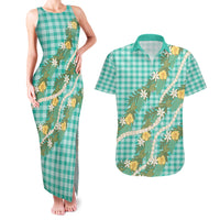 Aloha Puakenikeni Anthurium Pikake Lei Couples Matching Tank Maxi Dress and Hawaiian Shirt Marine Hawaiian Palaka Pattern