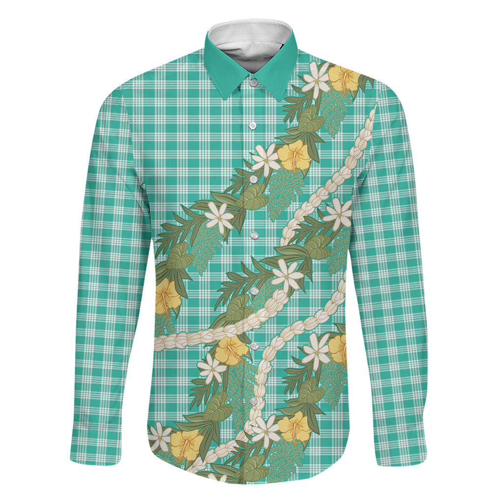 Aloha Puakenikeni Anthurium Pikake Lei Family Matching Long Sleeve Bodycon Dress and Hawaiian Shirt Marine Hawaiian Palaka Pattern