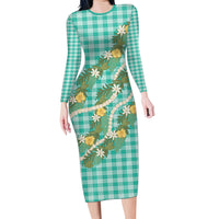 Aloha Puakenikeni Anthurium Pikake Lei Family Matching Long Sleeve Bodycon Dress and Hawaiian Shirt Marine Hawaiian Palaka Pattern