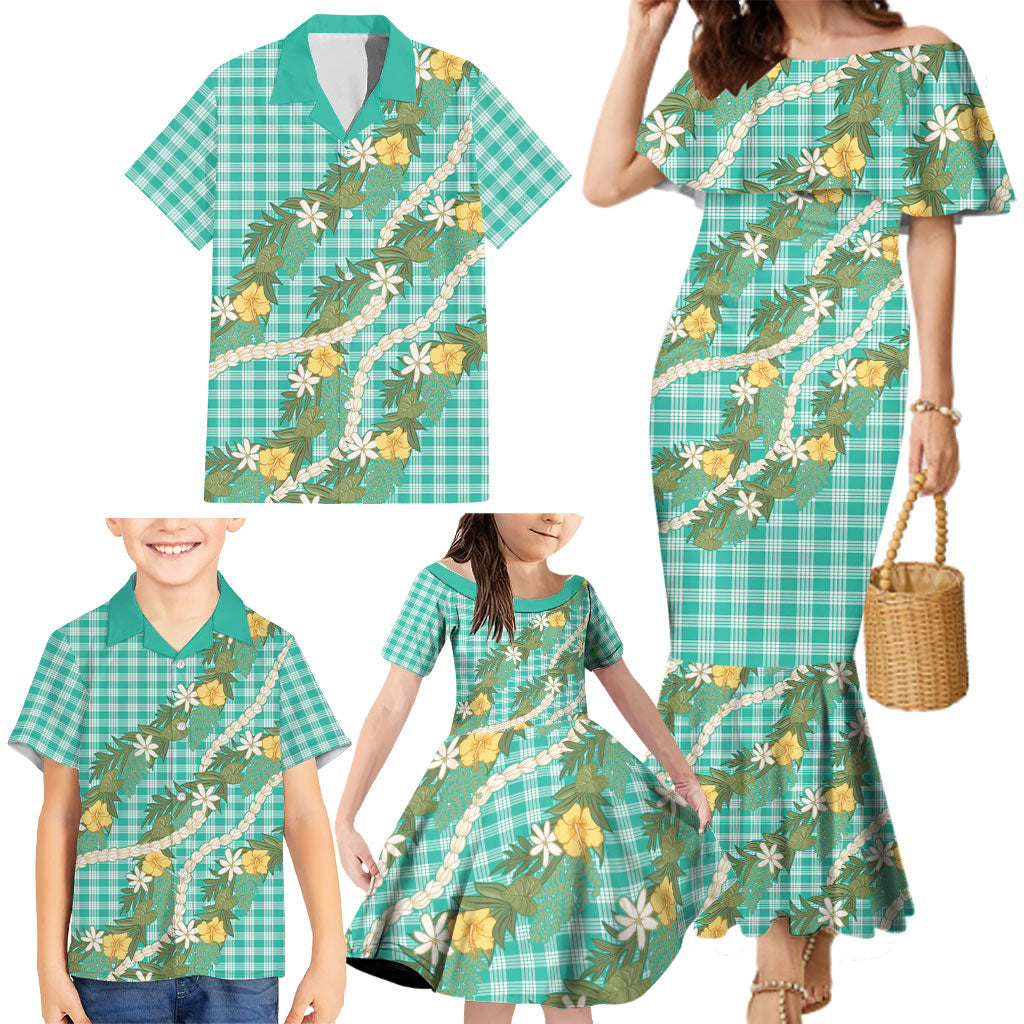 Aloha Puakenikeni Anthurium Pikake Lei Family Matching Mermaid Dress and Hawaiian Shirt Marine Hawaiian Palaka Pattern LT9 - Polynesian Pride