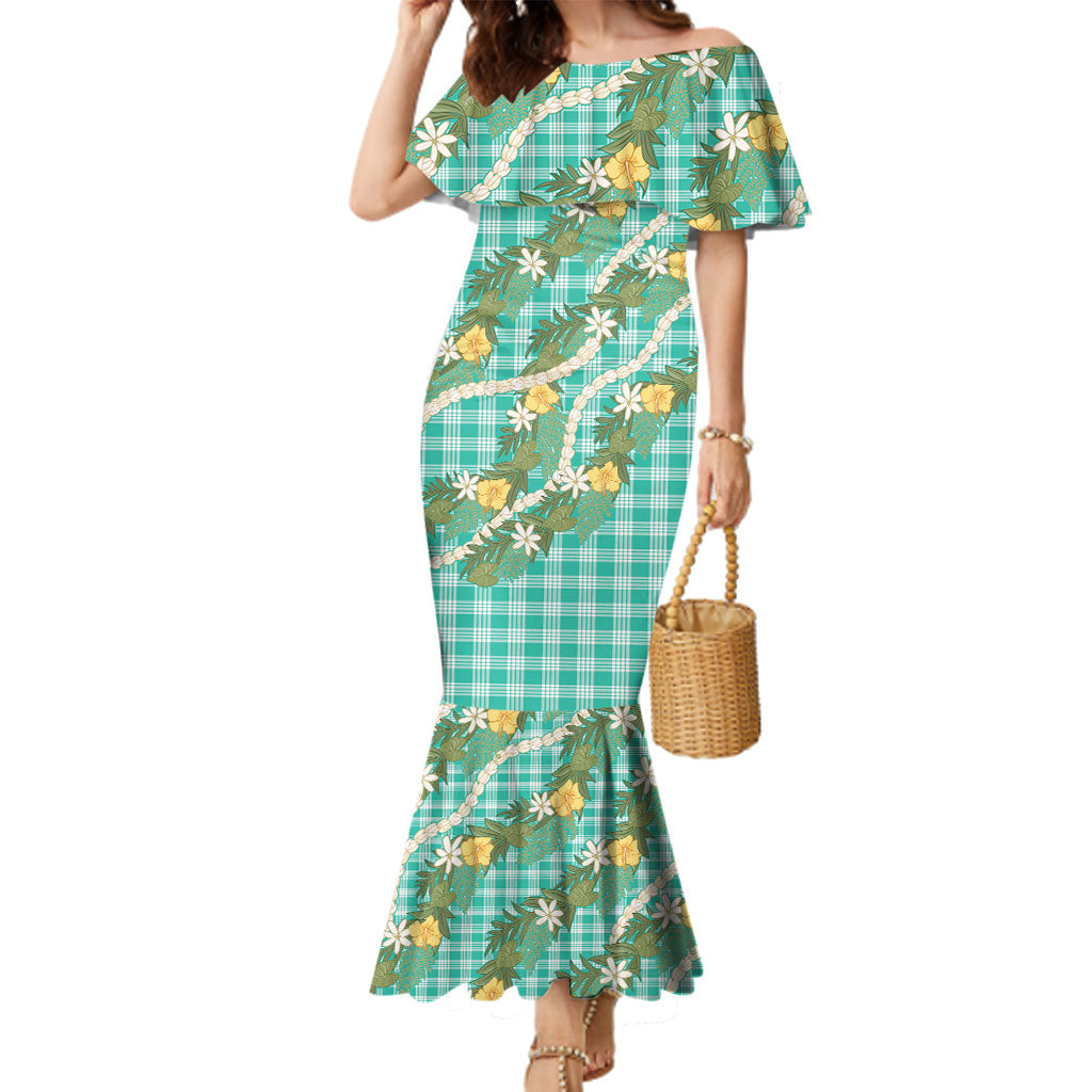 Aloha Puakenikeni Anthurium Pikake Lei Family Matching Mermaid Dress and Hawaiian Shirt Marine Hawaiian Palaka Pattern