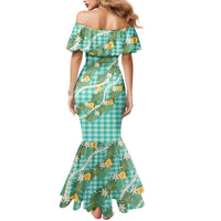 Aloha Puakenikeni Anthurium Pikake Lei Family Matching Mermaid Dress and Hawaiian Shirt Marine Hawaiian Palaka Pattern