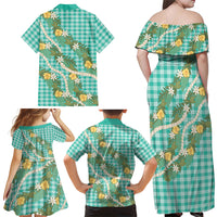 Aloha Puakenikeni Anthurium Pikake Lei Family Matching Off Shoulder Maxi Dress and Hawaiian Shirt Marine Hawaiian Palaka Pattern