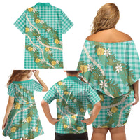 Aloha Puakenikeni Anthurium Pikake Lei Family Matching Off Shoulder Short Dress and Hawaiian Shirt Marine Hawaiian Palaka Pattern