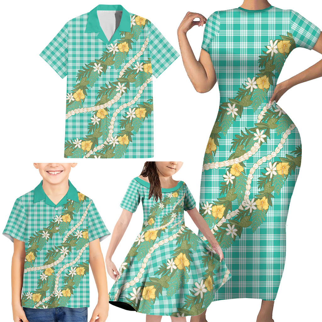 Aloha Puakenikeni Anthurium Pikake Lei Family Matching Short Sleeve Bodycon Dress and Hawaiian Shirt Marine Hawaiian Palaka Pattern LT9 - Polynesian Pride