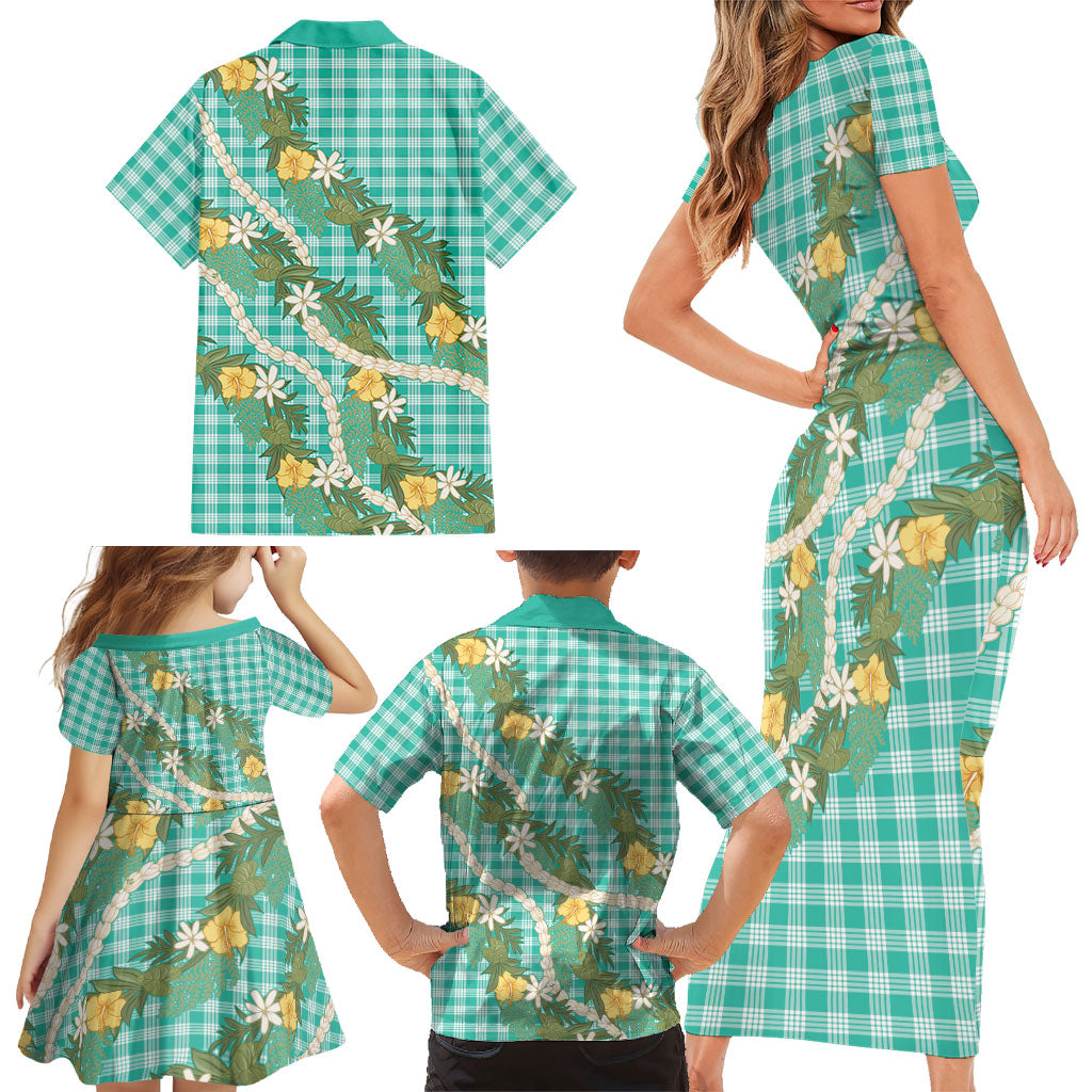 Aloha Puakenikeni Anthurium Pikake Lei Family Matching Short Sleeve Bodycon Dress and Hawaiian Shirt Marine Hawaiian Palaka Pattern