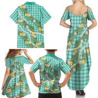 Aloha Puakenikeni Anthurium Pikake Lei Family Matching Summer Maxi Dress and Hawaiian Shirt Marine Hawaiian Palaka Pattern