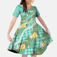 Aloha Puakenikeni Anthurium Pikake Lei Kid Short Sleeve Dress Marine Hawaiian Palaka Pattern LT9 KID Marine - Polynesian Pride