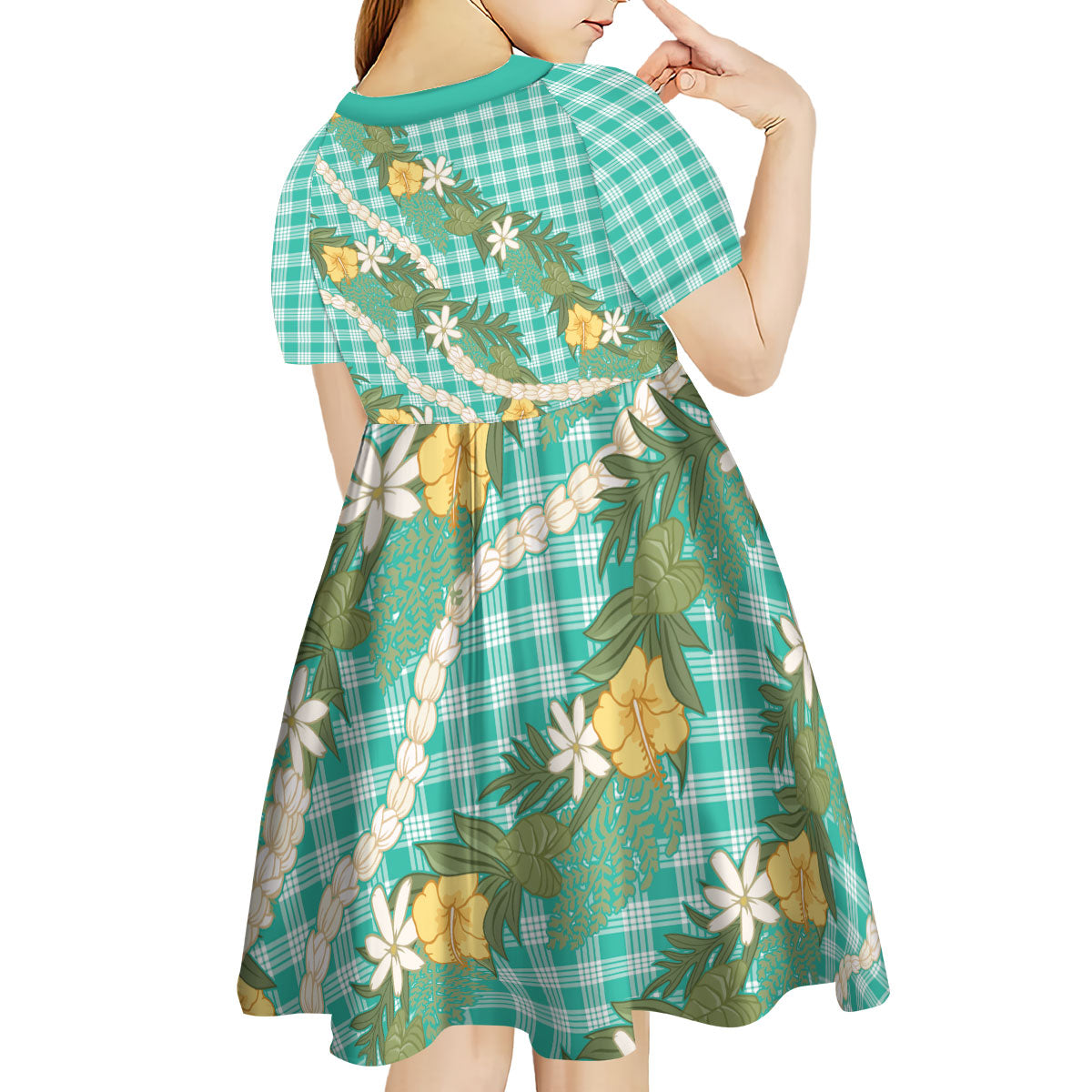 Aloha Puakenikeni Anthurium Pikake Lei Kid Short Sleeve Dress Marine Hawaiian Palaka Pattern LT9 - Polynesian Pride