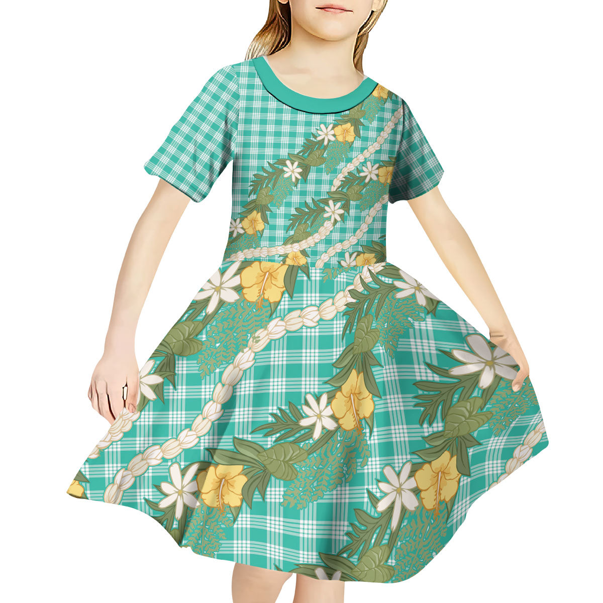 Aloha Puakenikeni Anthurium Pikake Lei Kid Short Sleeve Dress Marine Hawaiian Palaka Pattern LT9 - Polynesian Pride