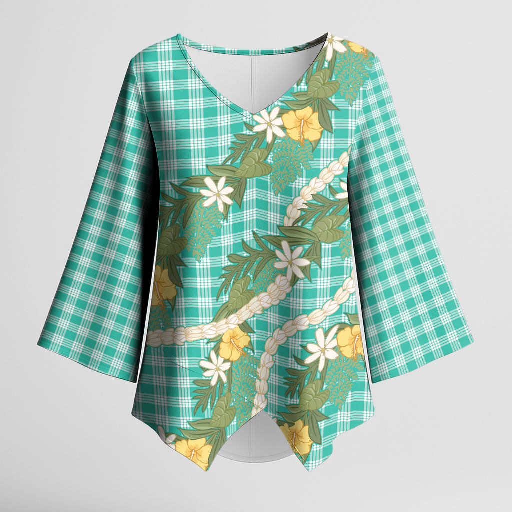 Aloha Puakenikeni Anthurium Pikake Lei Kimono Sleeve Blouse Marine Hawaiian Palaka Pattern LT9 Female Marine - Polynesian Pride
