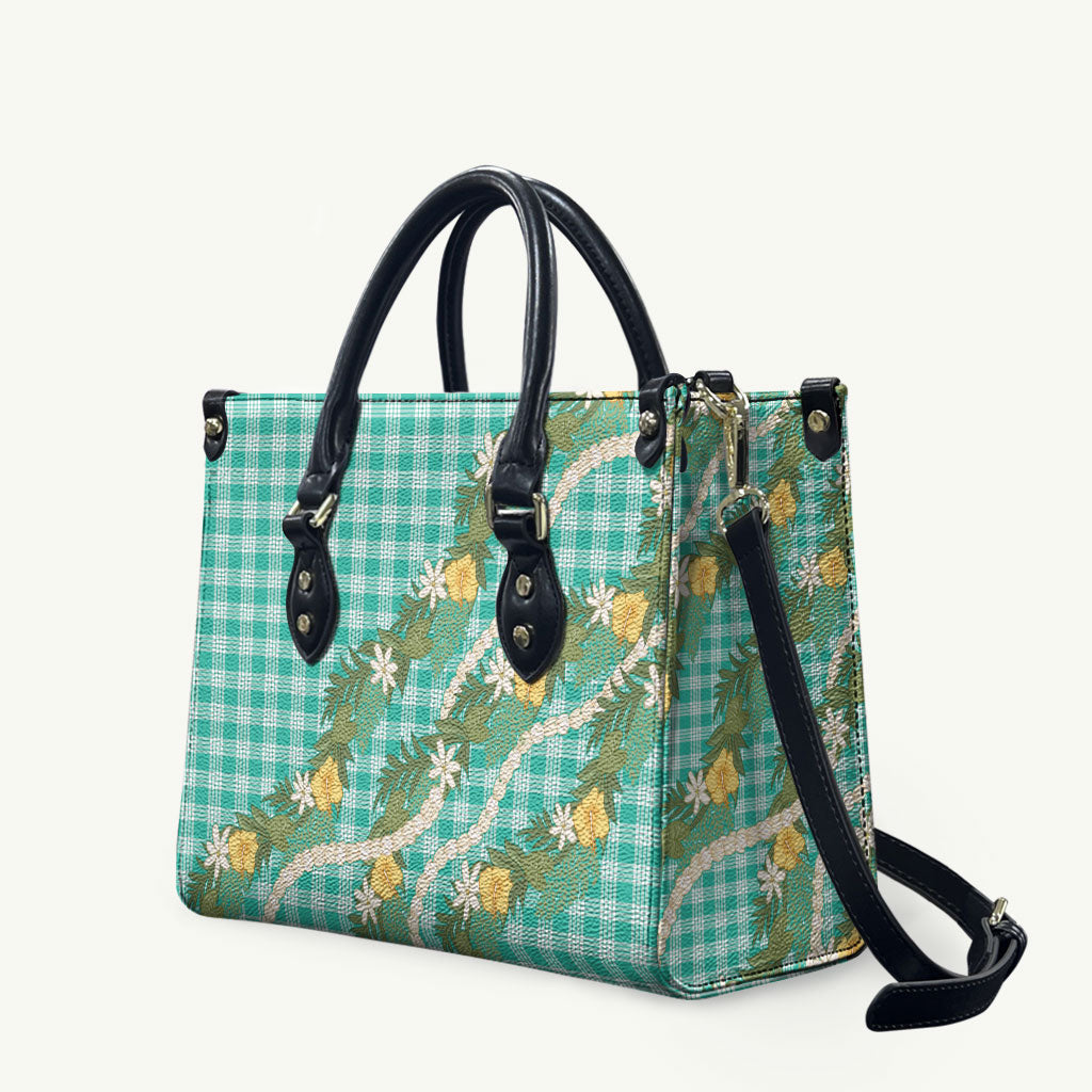 Aloha Puakenikeni Anthurium Pikake Lei Leather Bag Marine Hawaiian Palaka Pattern LT9 Marine - Polynesian Pride