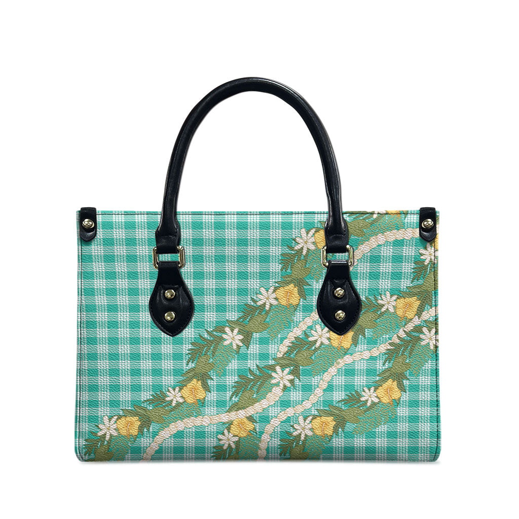 Aloha Puakenikeni Anthurium Pikake Lei Leather Bag Marine Hawaiian Palaka Pattern LT9 - Polynesian Pride