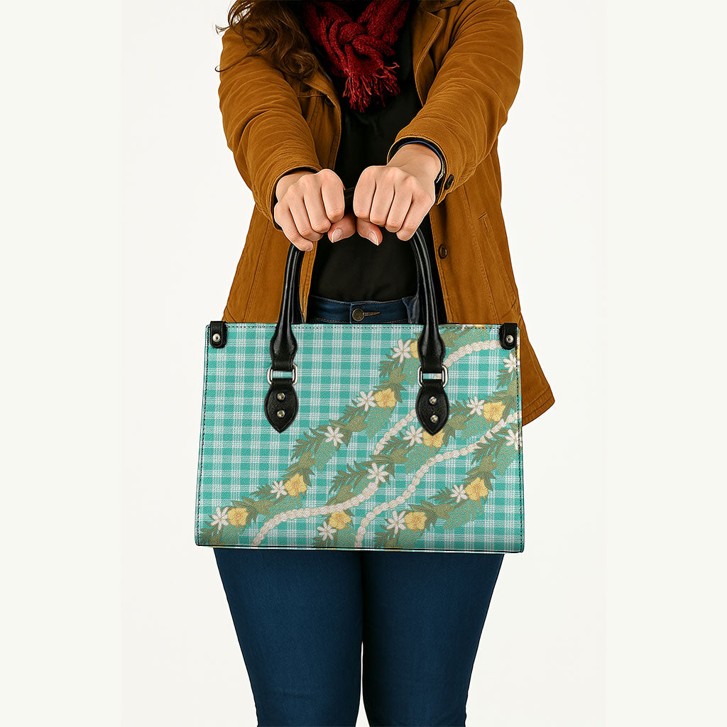 Aloha Puakenikeni Anthurium Pikake Lei Leather Bag Marine Hawaiian Palaka Pattern LT9 - Polynesian Pride