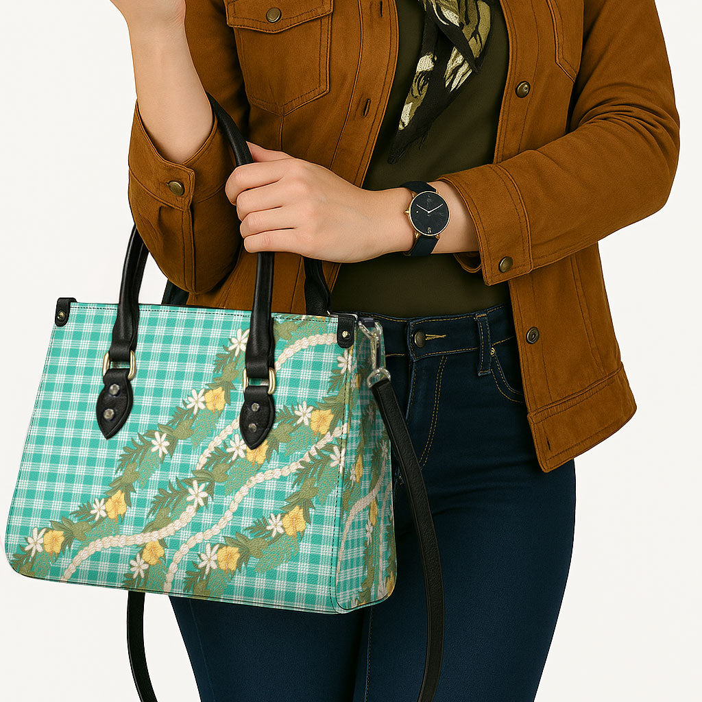Aloha Puakenikeni Anthurium Pikake Lei Leather Bag Marine Hawaiian Palaka Pattern LT9 - Polynesian Pride