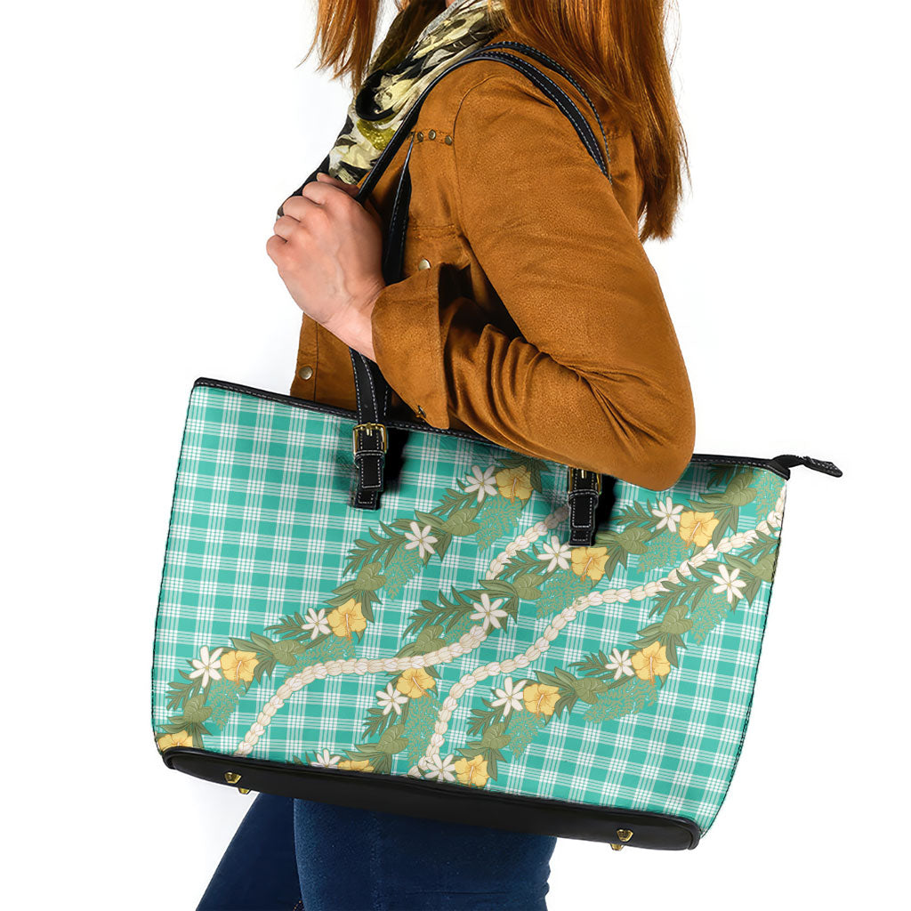 Aloha Puakenikeni Anthurium Pikake Lei Leather Tote Bag Marine Hawaiian Palaka Pattern LT9 Marine - Polynesian Pride