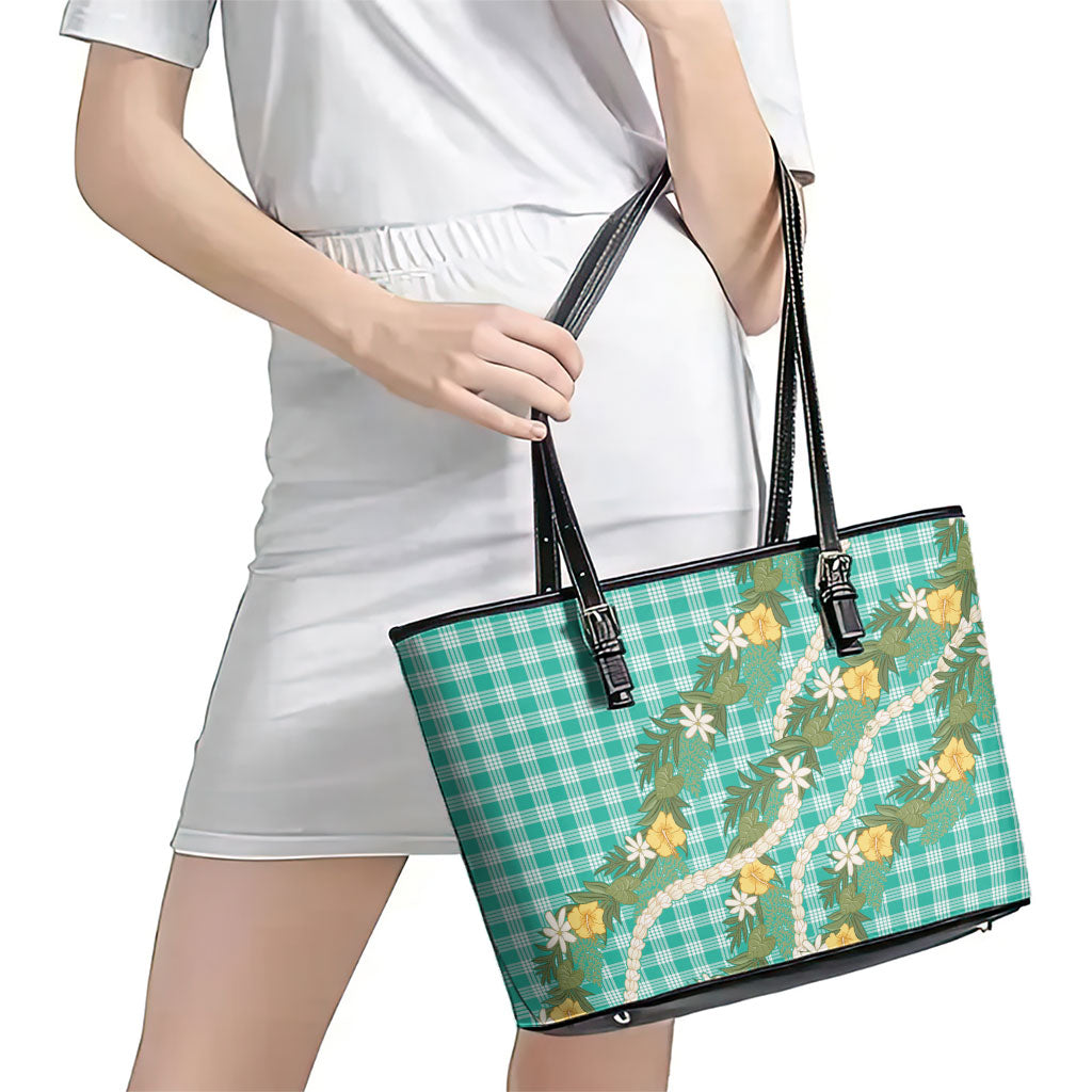 Aloha Puakenikeni Anthurium Pikake Lei Leather Tote Bag Marine Hawaiian Palaka Pattern