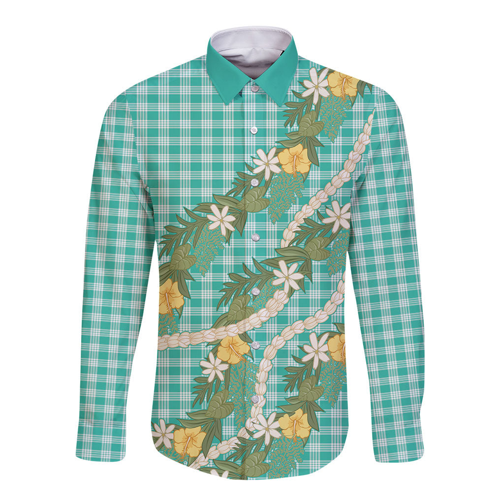 Aloha Puakenikeni Anthurium Pikake Lei Long Sleeve Button Shirt Marine Hawaiian Palaka Pattern LT9 Unisex Marine - Polynesian Pride