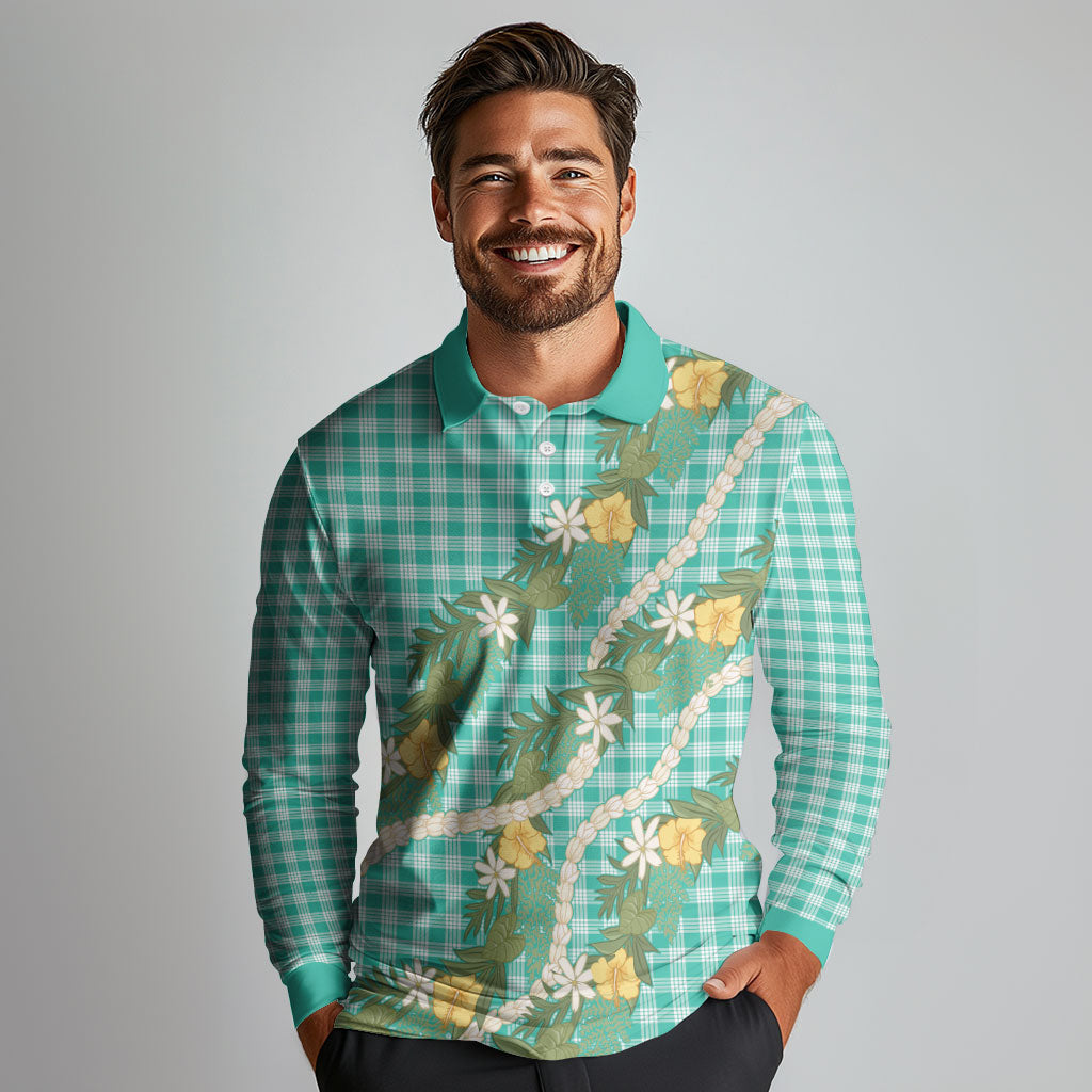 Aloha Puakenikeni Anthurium Pikake Lei Long Sleeve Polo Shirt Marine Hawaiian Palaka Pattern LT9 - Polynesian Pride