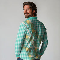 Aloha Puakenikeni Anthurium Pikake Lei Long Sleeve Polo Shirt Marine Hawaiian Palaka Pattern LT9 - Polynesian Pride