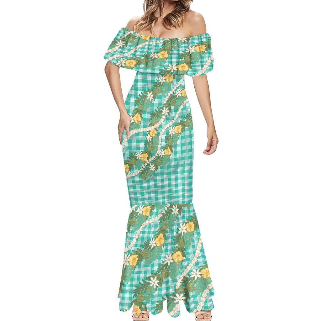 Aloha Puakenikeni Anthurium Pikake Lei Mermaid Dress Marine Hawaiian Palaka Pattern LT9 - Polynesian Pride