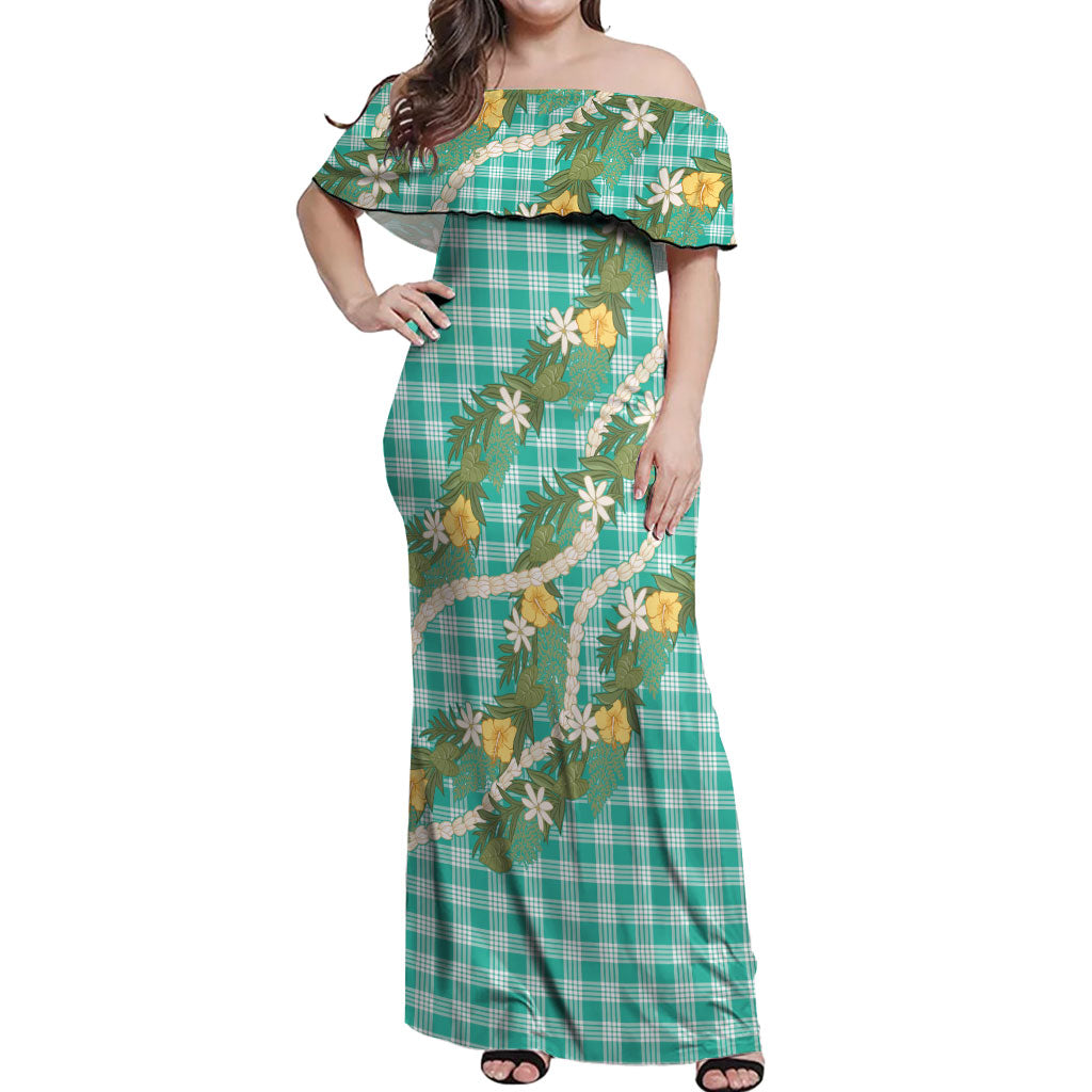 Aloha Puakenikeni Anthurium Pikake Lei Off Shoulder Maxi Dress Marine Hawaiian Palaka Pattern