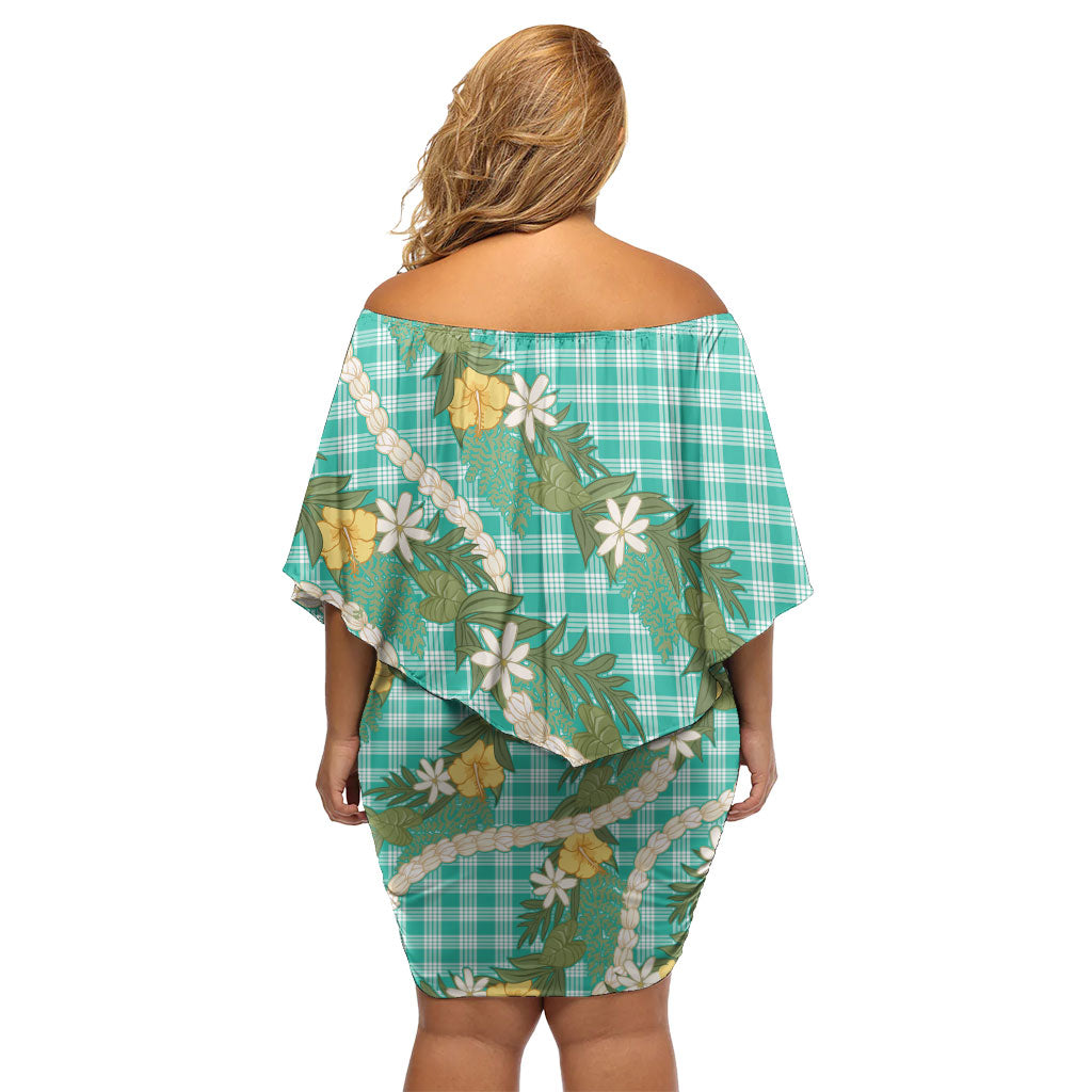 Aloha Puakenikeni Anthurium Pikake Lei Off Shoulder Short Dress Marine Hawaiian Palaka Pattern LT9 - Polynesian Pride