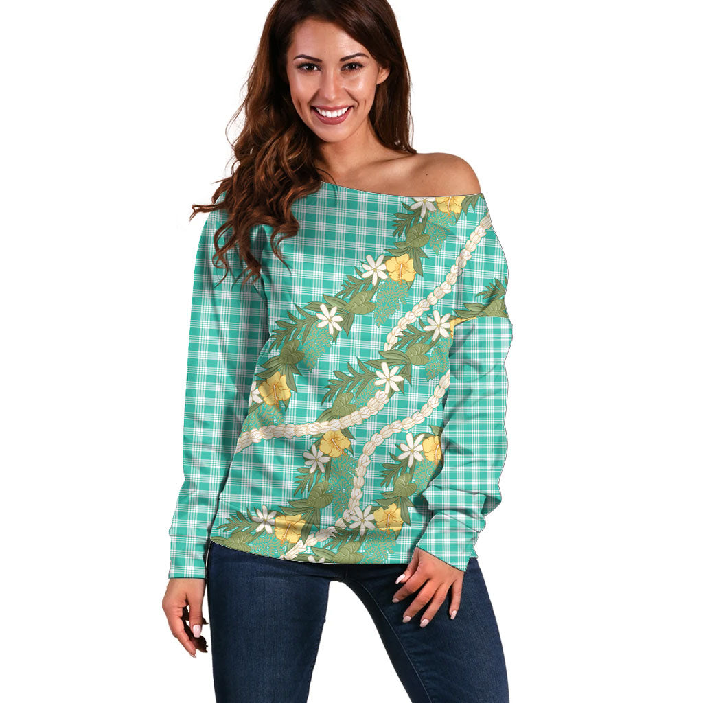 Aloha Puakenikeni Anthurium Pikake Lei Off Shoulder Sweater Marine Hawaiian Palaka Pattern LT9 Women Marine - Polynesian Pride