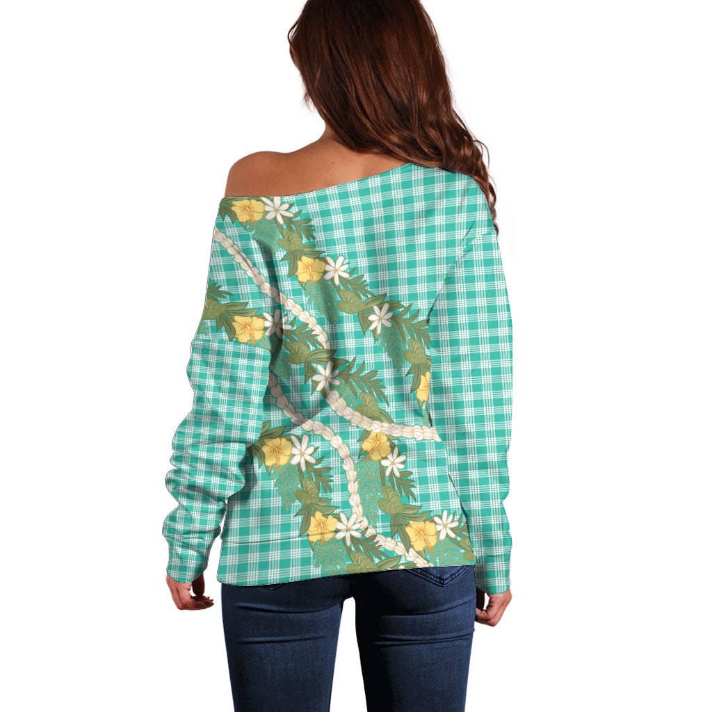 Aloha Puakenikeni Anthurium Pikake Lei Off Shoulder Sweater Marine Hawaiian Palaka Pattern LT9 - Polynesian Pride
