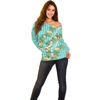 Aloha Puakenikeni Anthurium Pikake Lei Off Shoulder Sweater Marine Hawaiian Palaka Pattern LT9 - Polynesian Pride