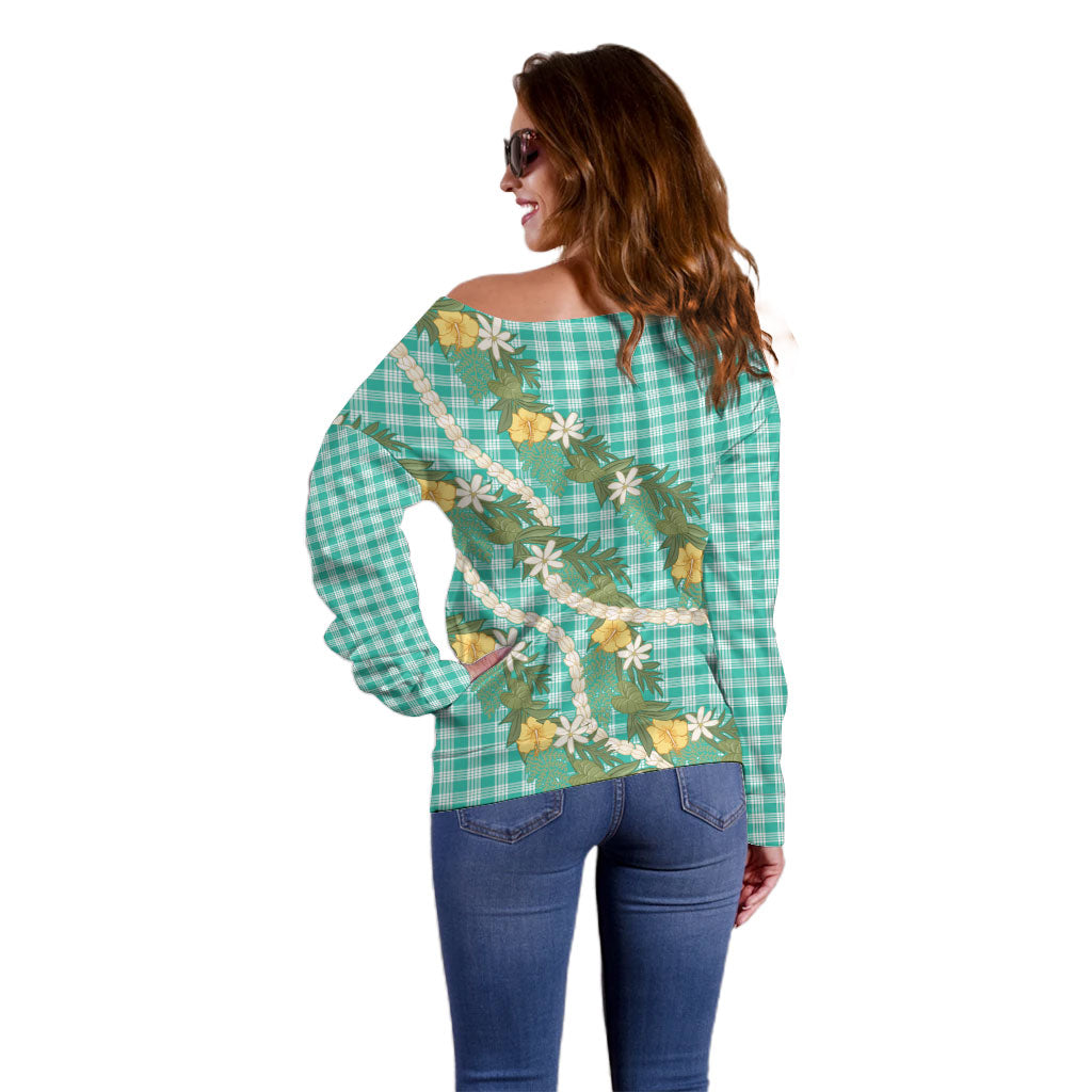 Aloha Puakenikeni Anthurium Pikake Lei Off Shoulder Sweater Marine Hawaiian Palaka Pattern LT9 - Polynesian Pride