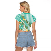 Aloha Puakenikeni Anthurium Pikake Lei Raglan Cropped T Shirt Marine Hawaiian Palaka Pattern LT9 - Polynesian Pride