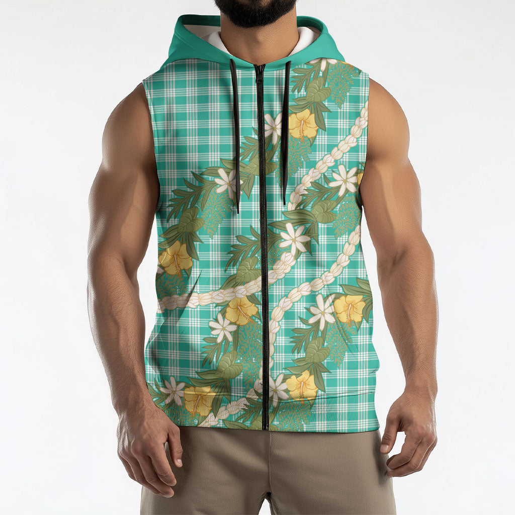Aloha Puakenikeni Anthurium Pikake Lei Sleeveless Zip Hoodie Marine Hawaiian Palaka Pattern LT9 - Polynesian Pride