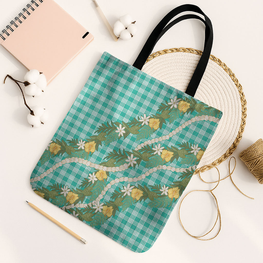 Aloha Puakenikeni Anthurium Pikake Lei Tote Bag Marine Hawaiian Palaka Pattern LT9 Black Strap One Size Marine - Polynesian Pride
