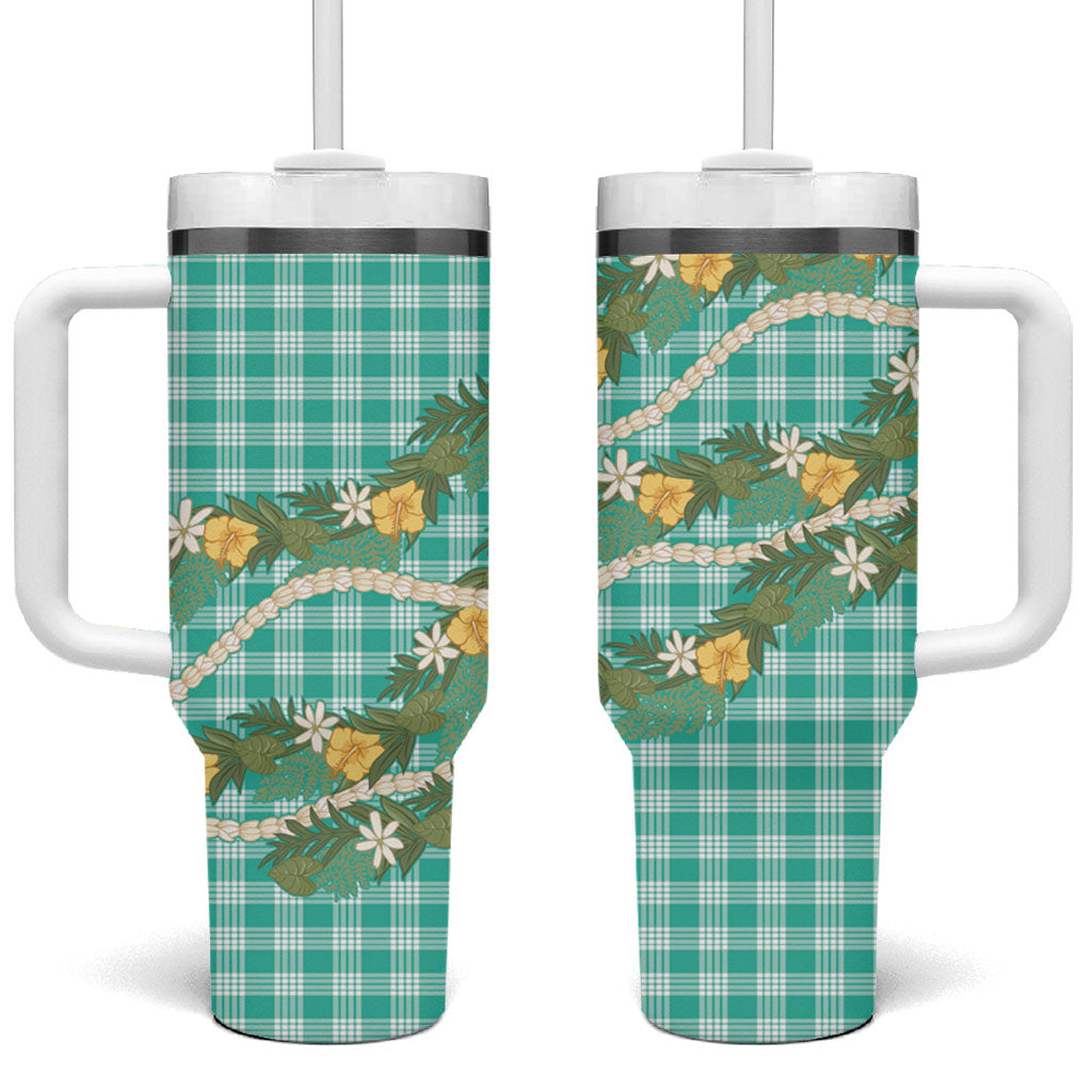 Aloha Puakenikeni Anthurium Pikake Lei Tumbler With Handle Marine Hawaiian Palaka Pattern LT9 One Size: 40 oz Marine - Polynesian Pride