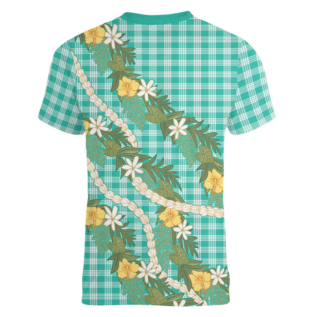 Aloha Puakenikeni Anthurium Pikake Lei Women V-Neck T-Shirt Marine Hawaiian Palaka Pattern