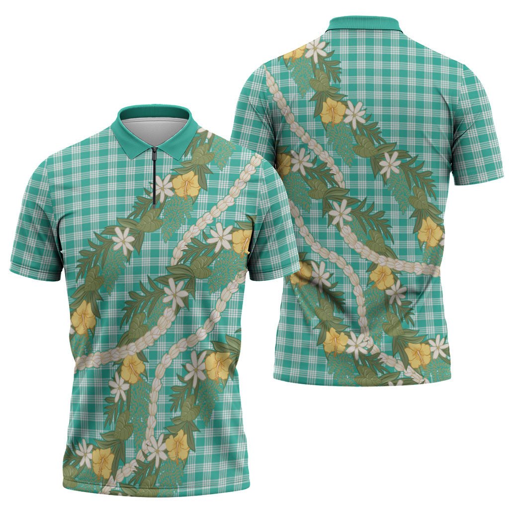 Aloha Puakenikeni Anthurium Pikake Lei Zipper Polo Shirt Marine Hawaiian Palaka Pattern LT9 - Polynesian Pride