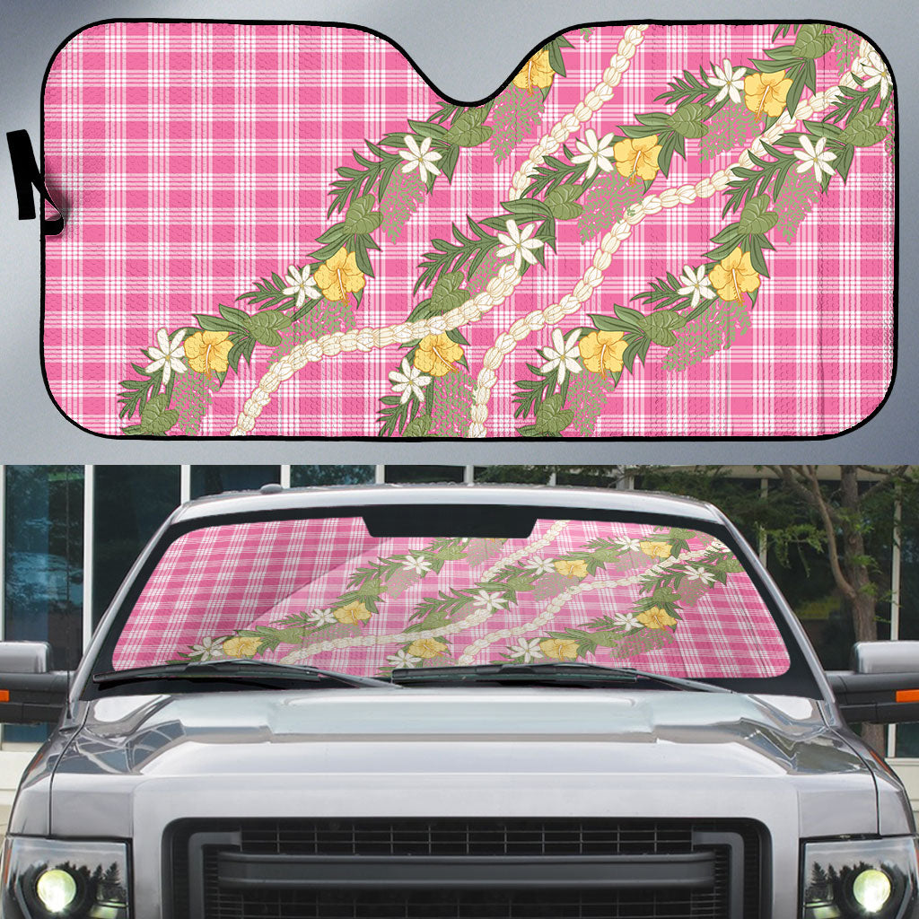 Aloha Puakenikeni Anthurium Pikake Lei Auto Sun Shade Tropical Pink Hawaiian Palaka Pattern LT9 Pink - Polynesian Pride