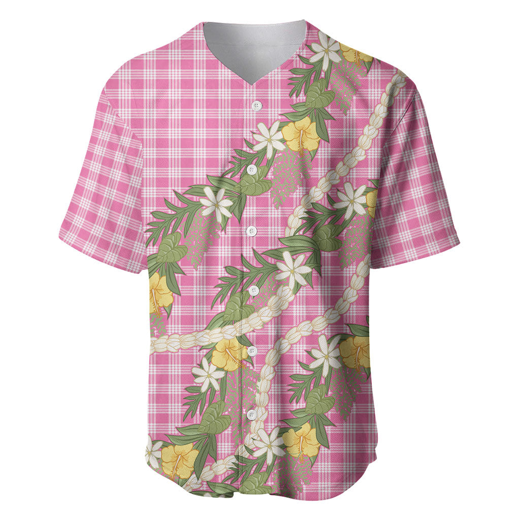 Aloha Puakenikeni Anthurium Pikake Lei Baseball Jersey Tropical Pink Hawaiian Palaka Pattern LT9 Pink - Polynesian Pride