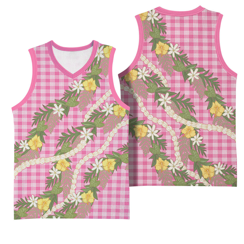 Aloha Puakenikeni Anthurium Pikake Lei Basketball Jersey Tropical Pink Hawaiian Palaka Pattern LT9 - Polynesian Pride