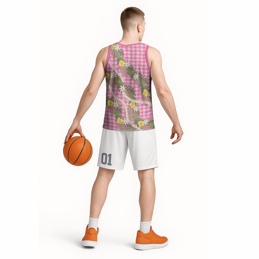 Aloha Puakenikeni Anthurium Pikake Lei Basketball Jersey Tropical Pink Hawaiian Palaka Pattern LT9 - Polynesian Pride